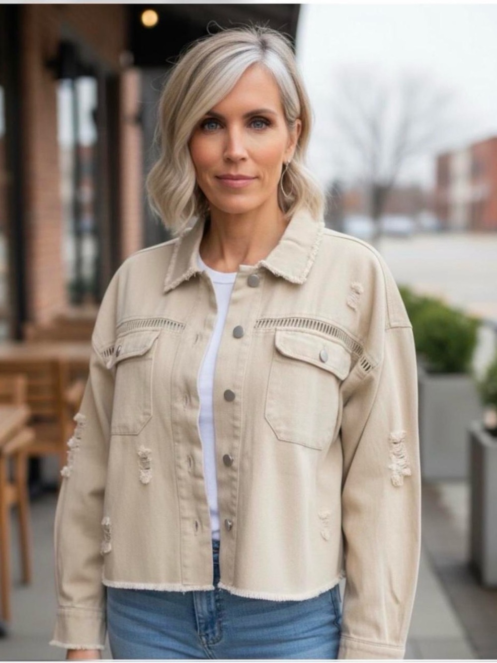 BLUE B beige distressed crop jacket M L
